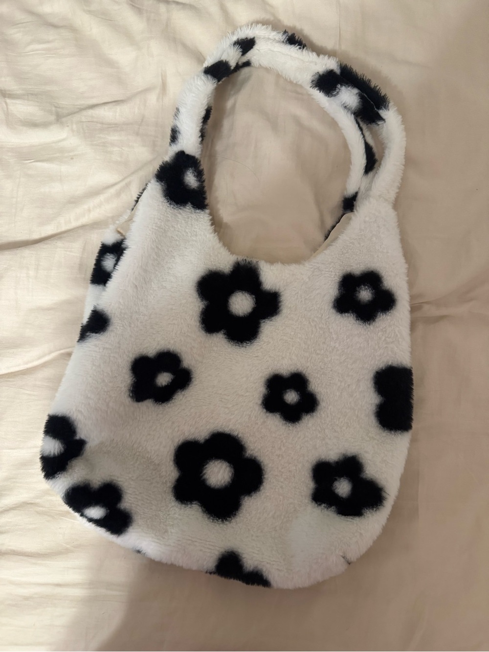 Plush Floral Shoulder Bag - Black & White